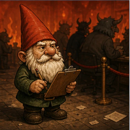 A small garden ornament holding a clipboard.