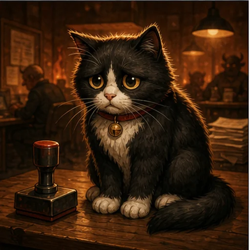 A seated cat beside a stamp.