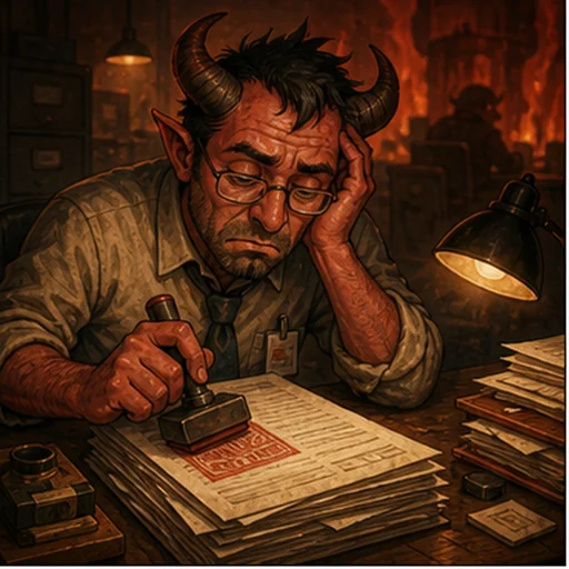 A tired clerk stamping paperwork.