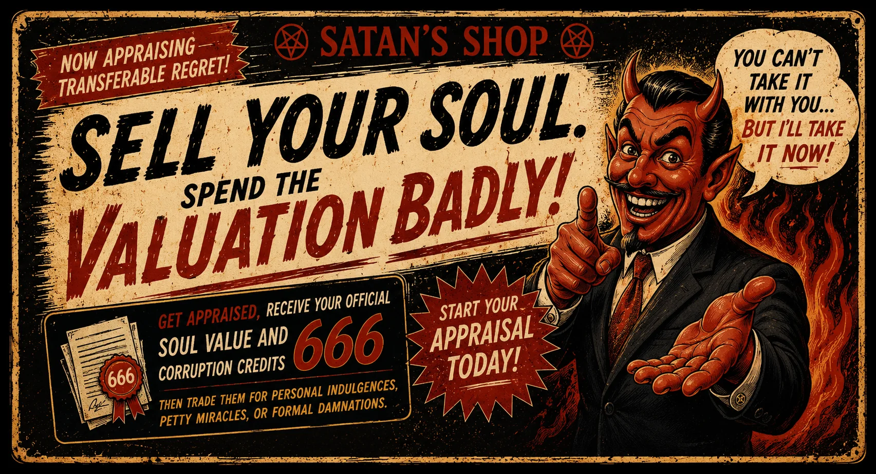 Satan's Shop billboard: Sell your soul. Spend the valuation badly. Get appraised and receive your official soul value.