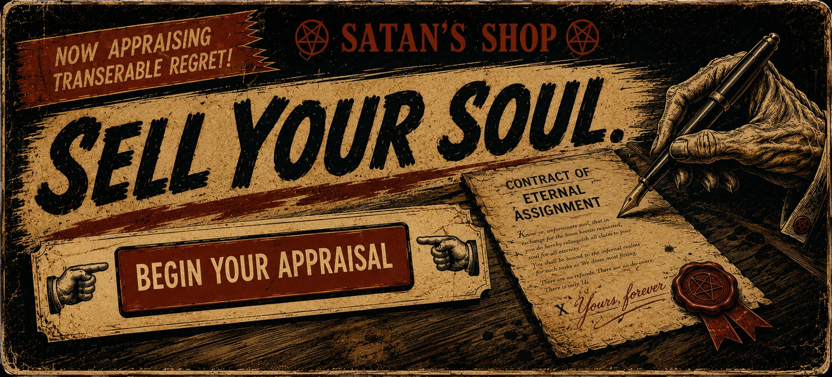Satan's Shop billboard: Sell your soul, spend the valuation badly, appraise your soul, receive one grand bargain, and spend or assign 666 credits.